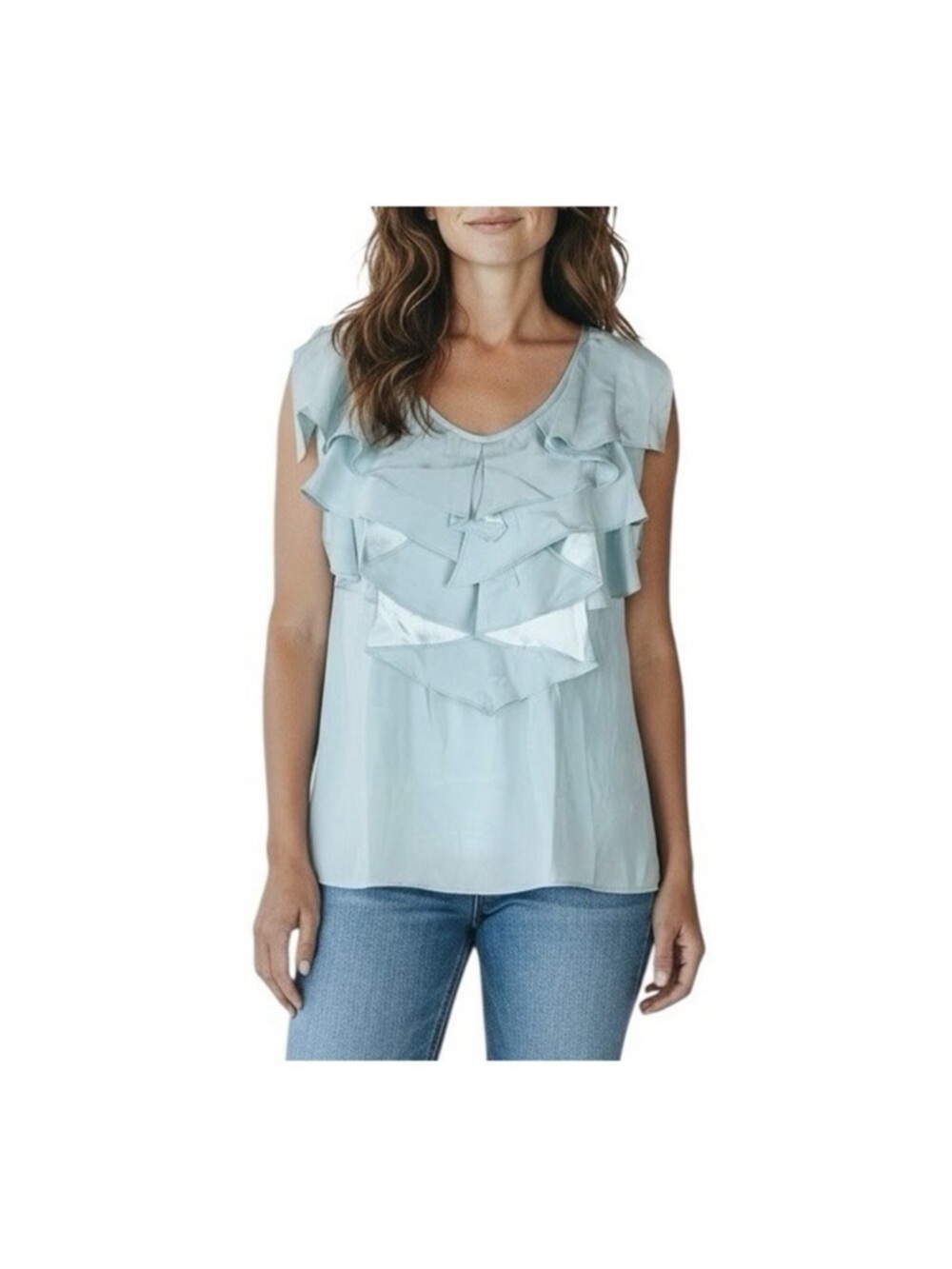 Lafayette 148 New York Pale Blue Ruffle Front Sleeveless Blouse